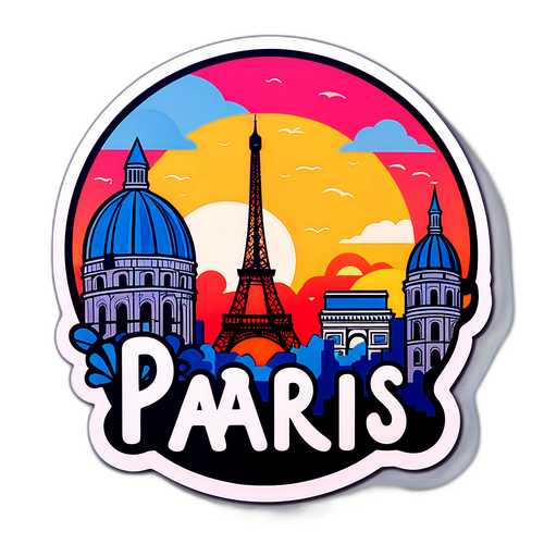 Parijs Sticker met Iconische Gebouwen en Zonsondergang
