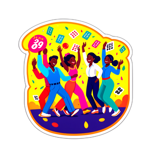 Kolorowy plakat przedstawiający scenę loterii