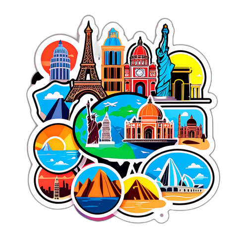 Sticker thiết kế du lịch với các biểu tượng nổi tiếng