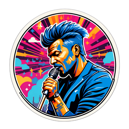 Jouni Hynysen tarra, joka kuvaa hänen ikonista esitystyyliään ja musiikista inspiroituja grafiikoita