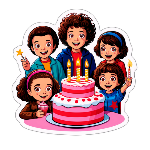 Смішний стікер з персонажами з "Дивних справ", які святкують перемогу з тортом і свічками