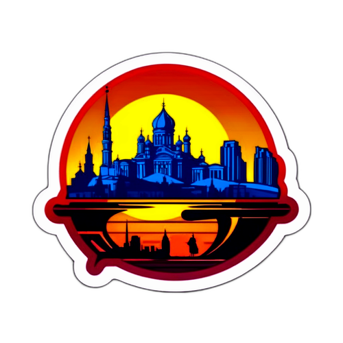 Стикер с иконой Voronezh: силуэт города и знаменитых достопримечательностей на фоне заката