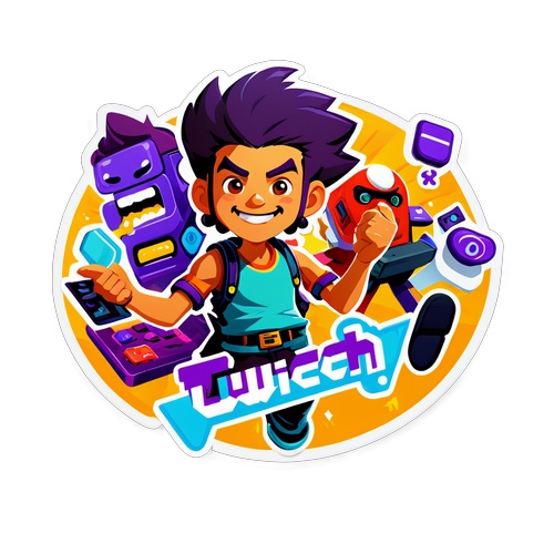 Промо-стікер для бренду Twitch з веселими геймерами та анімованими елементами гри
