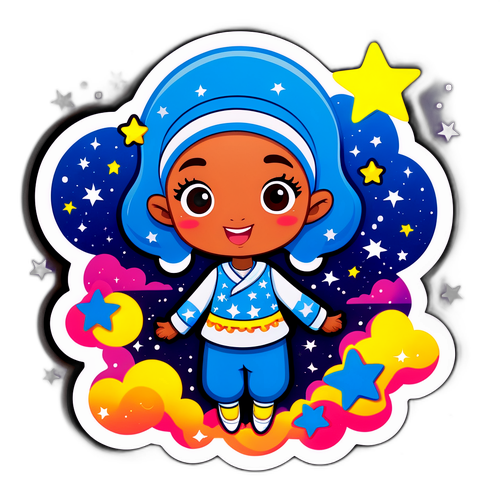 Stiker Menggemaskan Exy Dwi Lestari di Latar Awan dan Bintang