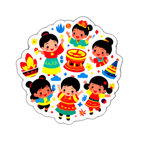 Sticker cho ngày 1 tháng 7, với hình ảnh trẻ em tại các lễ hội và phong tục truyền thống
