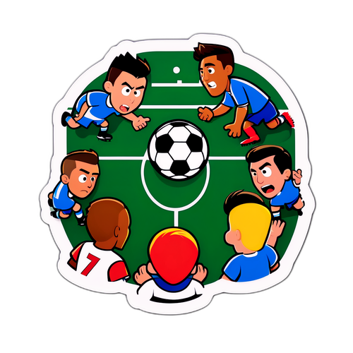 מדבקה מגניבה עם מגרש כדורגל ודמויות מצוירות מתווכחות