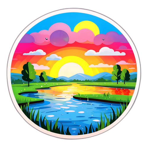 Kleurrijke sticker van een overstroomd Belgisch landschap na hevige regenval