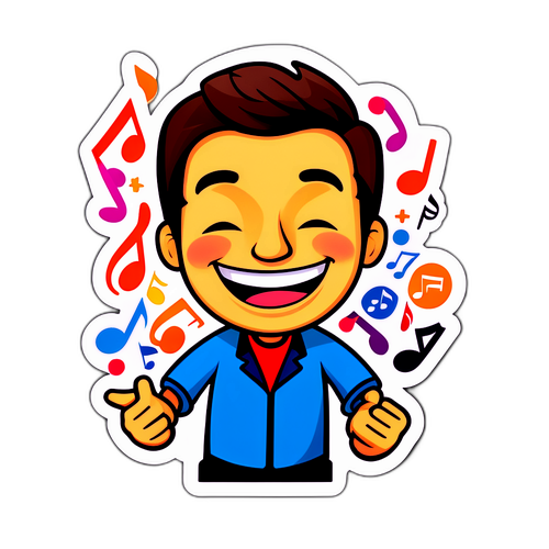 Vrolijke sticker van Felix Heremans omringd door muzikale noten