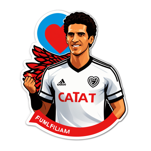 Sticker ilustrando a Raúl Jiménez con fondo de halcones y el mensaje 'El corazón de Fulham'