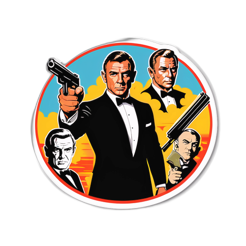 Vintage-inspireret klistermærke featuring klassiske James Bond-skurke i en episk konfrontation