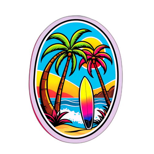 Kleurrijke sticker met surfboard en palmbomen