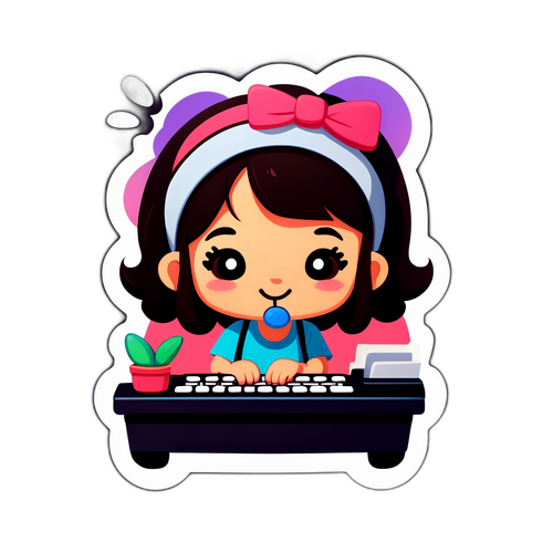 タイピング練習をするかわいいキャラクターのステッカー