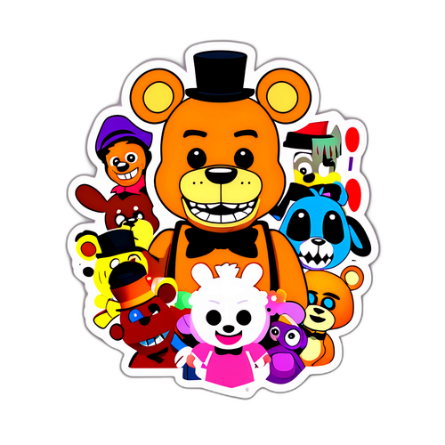 Desenho animado do Freddy Fazbear com personagens icônicos