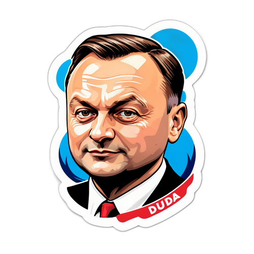 Sticker przedstawiający Andrzeja Dudę w stylu komiksowym