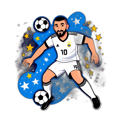 Wesoły kreskówkowy Karim Benzema żonglujący piłką nożną