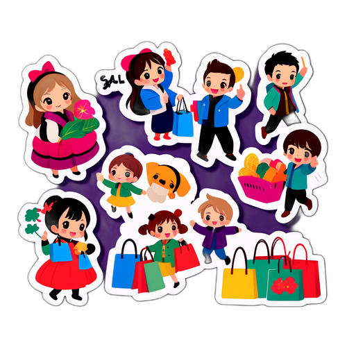 ショッピングを楽しむキャラクターたちのステッカー