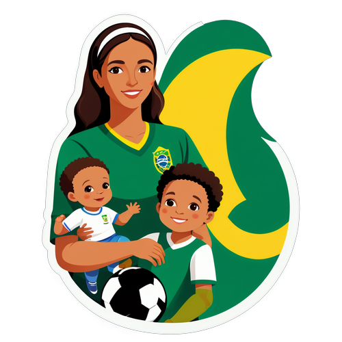 Autocolante de uma mãe segurando seu filho em um estádio, simbolizando a herança cultural do futebol no Brasil