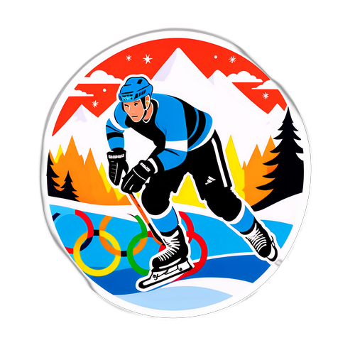 Jääkiekkoilija olympiarenkaiden keskellä