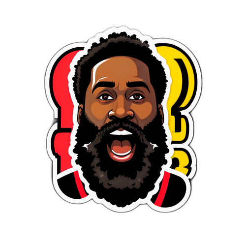 Create a playful sticker depicting James Harden in action posing a question mark above his head with a game backdrop.