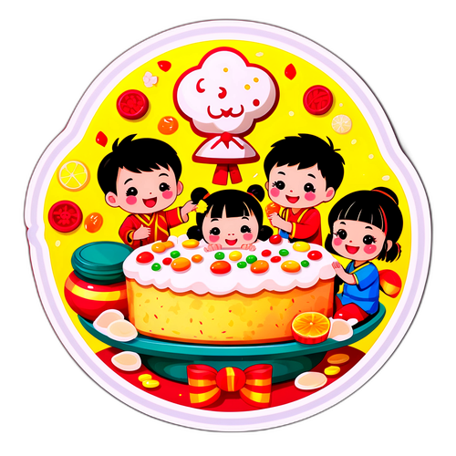 Trẻ em vui mừng đón Tết với bánh chưng và trái cây ngọt