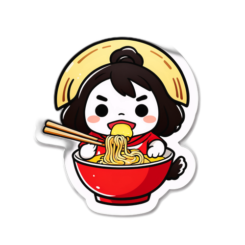 博多大吉のキャラクターがラーメンを食べている面白いイラスト