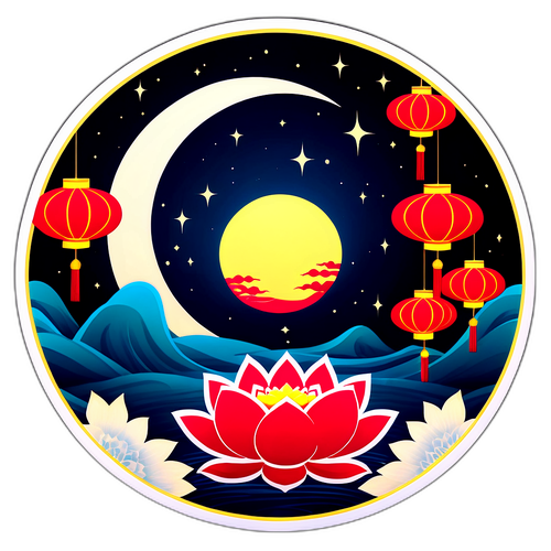 Nhãn dán cầu nguyện trăng tròn với họa tiết truyền thống Việt Nam