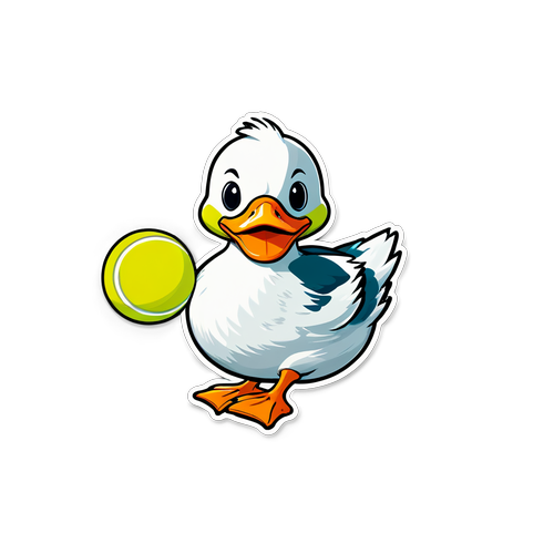 Râsul sportiv cu rața și mingea de tenis