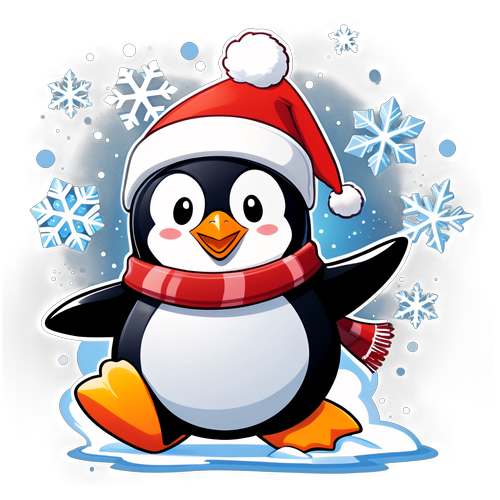 Penguin Comel dengan Skarf dan Topi Santa