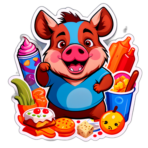 Cartoon Boar Surrounded by Food