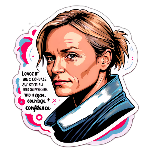 Nálepka zobrazující silnou ženu s inspirativními slovy o odvaze a sebevědomí