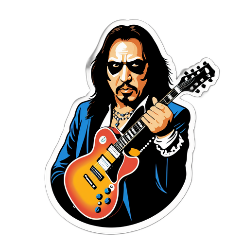 Дизайн наклейки с изображением гитары и текстом "Ace Frehley - рок-легенда."