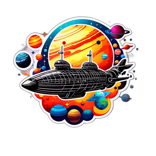 Сложное арт-произведение с дирижаблями и планетами