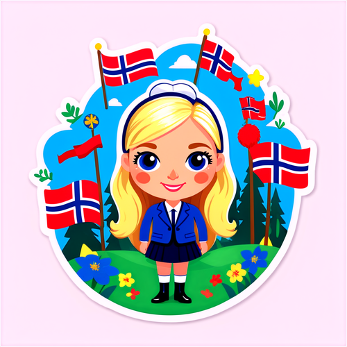 En lekfull illustrasjon av en vennlig politiker omringet av norske flagg