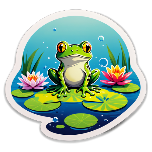 Frog Yang Menawan: Sticker Berwarna-warni dengan Latar Belakang Keping Lili yang Mimpi!