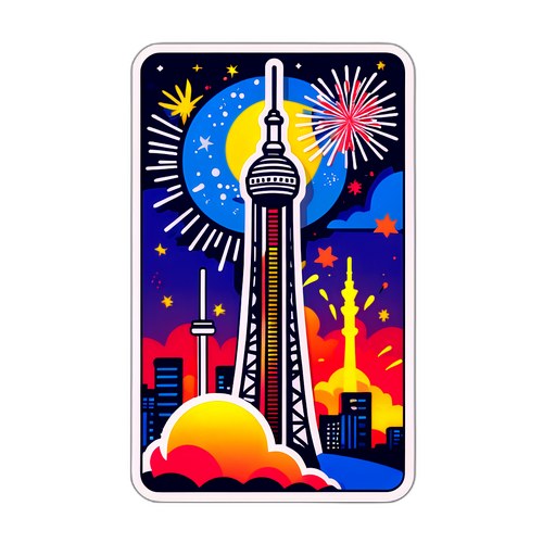 東京の高温とスカイツリーと花火のイラスト