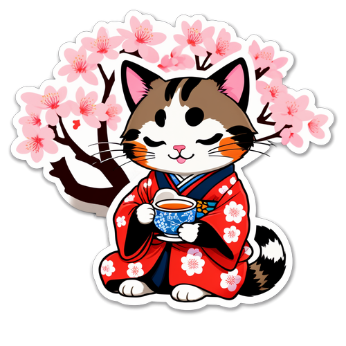 和服猫在樱花树下享受茶
