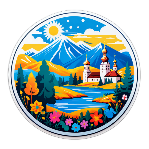 Дизайн наліпки з зображенням Храбовського, включаючи мальовничі пейзажі та місцеву флору