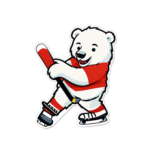 Rolig tecknad klistermärke av en isbjörn som spelar hockey