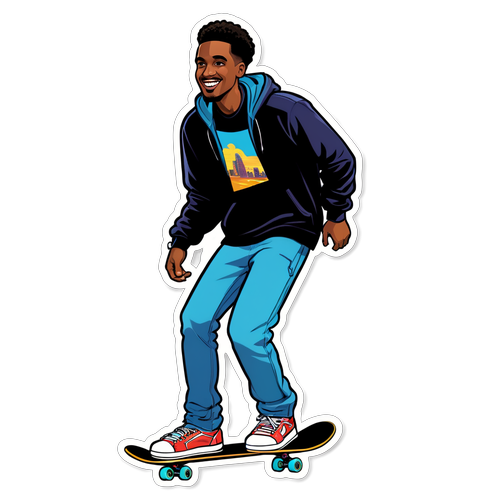 Ilustração de Evan Mobley explorando a cidade de skate