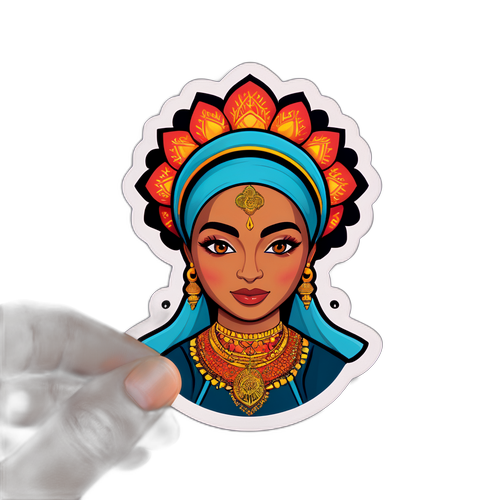 Sticker poświęcony Dahbii Benkired z symbolami kulturowymi