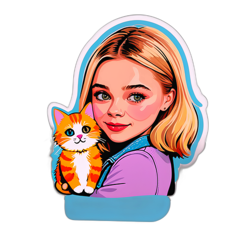 Stiker Playful Chloe Grace Moretz dengan Kucing Comel
