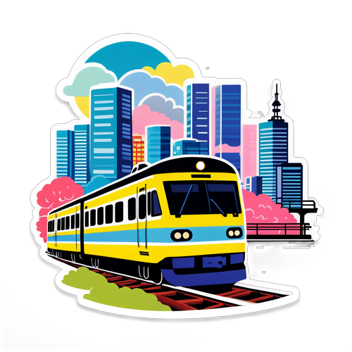 東京の半蔵門線を走る列車とカラフルな都市景観
