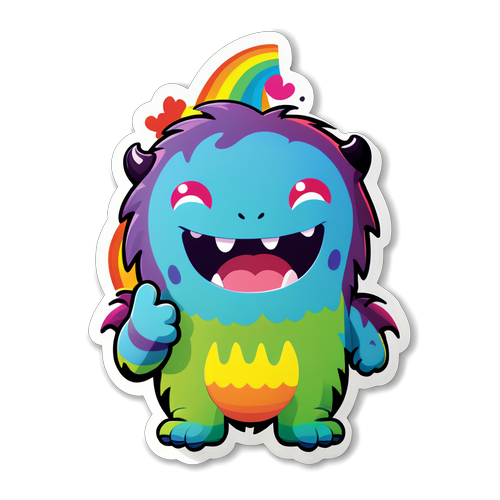 可爱的小怪物与彩虹主题贴纸