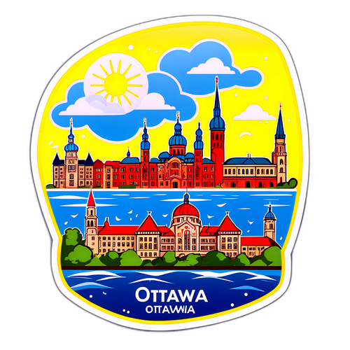 Стикер с городом Оттава, отмечающий его знаменитые места, с элементами прогноза погоды