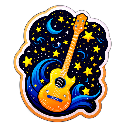 Sticker van een gitaar onder een sterrenhemel