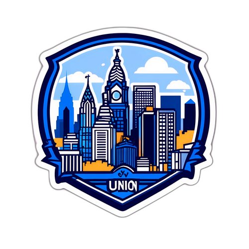 Stiker Bertema Philadelphia Union dengan Gambar Gol di Latar Belakang Pemandangan Kota