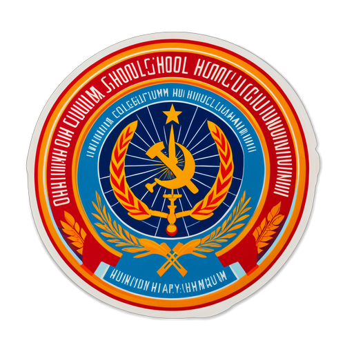 Sticker z stylizowanym wizerunkiem radzieckim promującym Wyższą Szkołę Collegium Humanum z motywami naukowymi