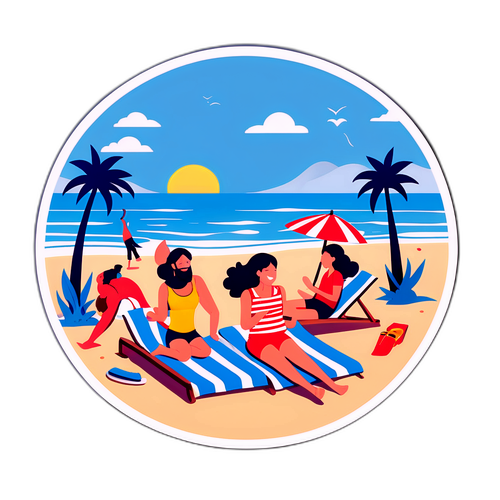 Ilustrace uvolněných lidí odpočívajících na pláži v Barceloně