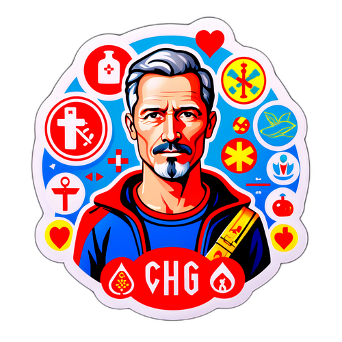 Чарльз Ратк как герой, окружённый символами здоровья и благополучия