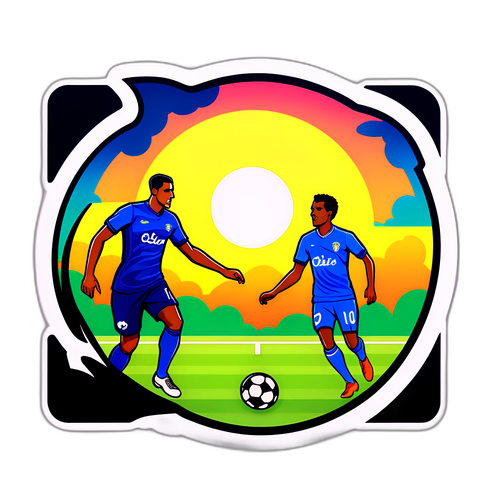 Atmosphärisches Aufkleberdesign eines Fußballspiels zwischen Al-Nasr und Rio Ave bei Sonnenuntergang